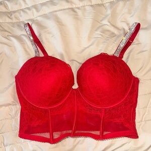 Victoria secret Red Lace  Corset Bra with Rhinestone Straps